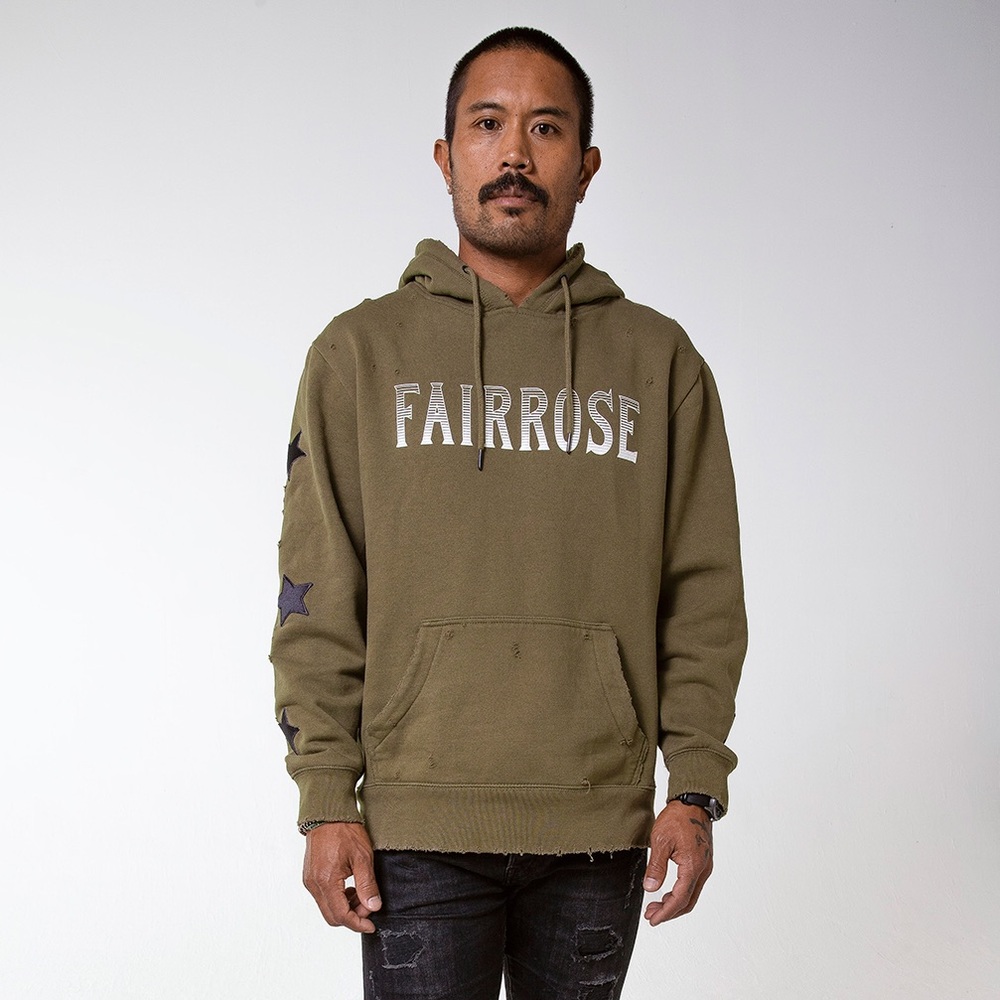 FairRose “Spaulding” Embroidered Distressed Hoodie